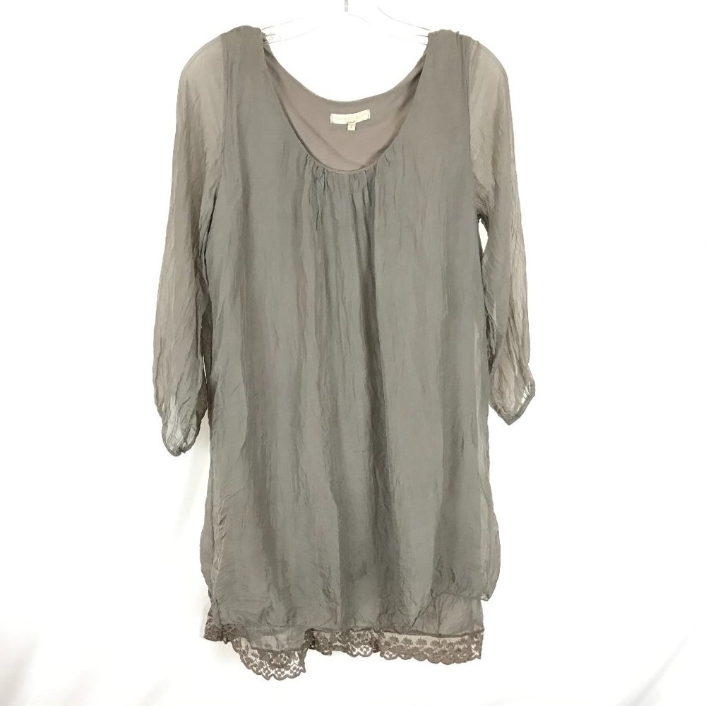 Womens Size Large Prontomoda Giusy Gray Pure Silk Lace Accent Tunic Blouse
